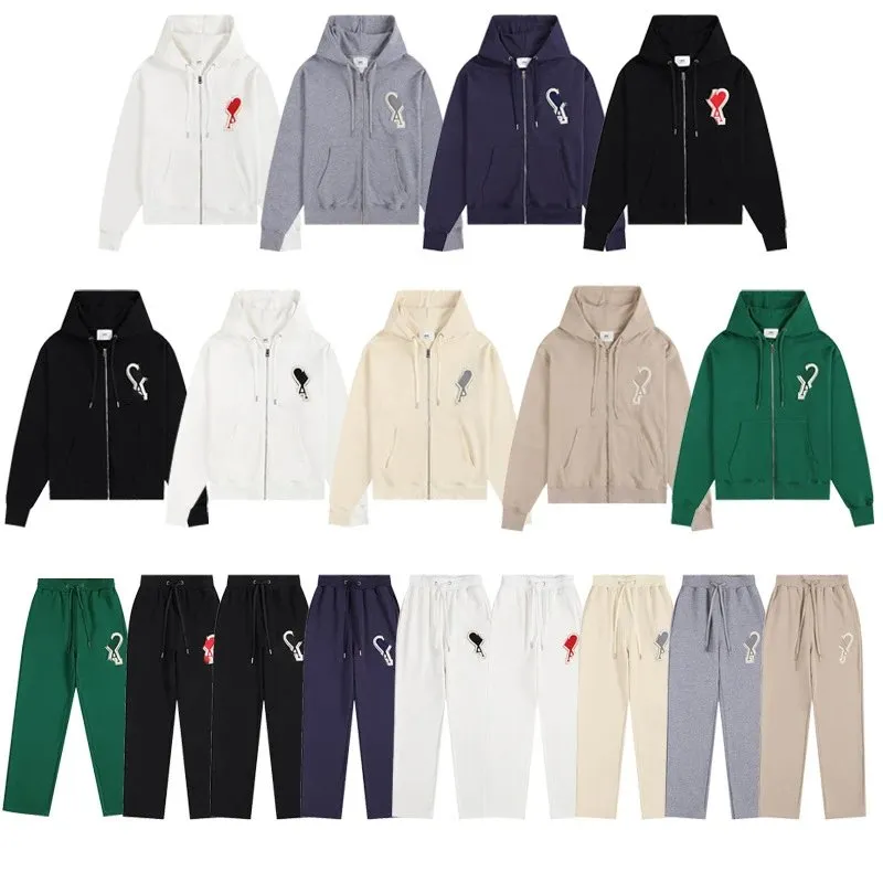 秋冬ami卫衣卫裤刺绣大爱心口袋拉链连帽衫男女休闲套装宽松外套 (9)